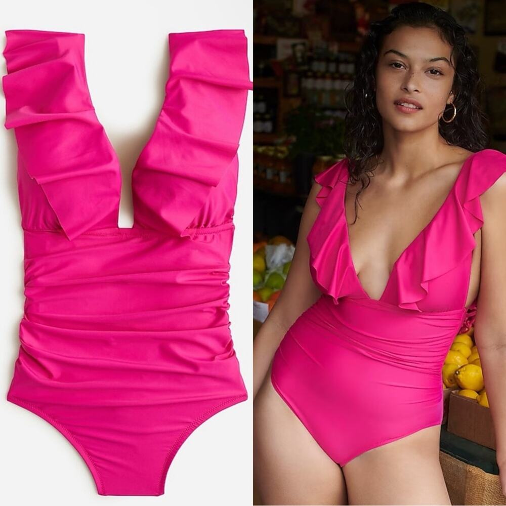 J Crew Ruched Ruffle One-Piece Swimsuit Radiant Fuchisa